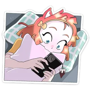 😮 343e801d gadis anime, ponsel, imut, telinga kucing, stiker, bantal, tempat tidur telegram sticker