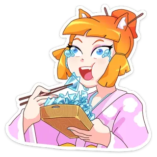 😔 6322f235 anime, menangis, makan, kawaii, kartun, gadis, sumpit, air mata telegram sticker