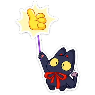 👍 e2385cbb cat, thumbs up, cartoon, cute, animal, sticker, black cat, ribbon telegram sticker