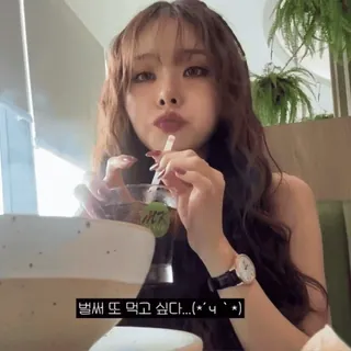 ⏳ 064f0f68 벌써 또 먹고 싶다...( ᵘ ‿ ᵘ ⁎) woman, drink, food, asian, portrait, indoors whatsapp sticker