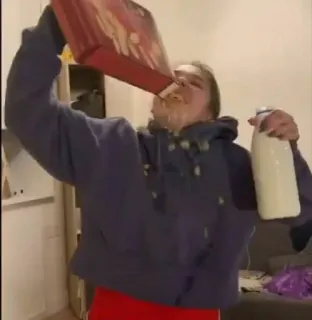 🌟 48c1fefb mleko, płatki, jedzenie, nieporządek, kobieta, wewnątrz telegram sticker