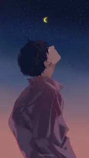 ❤️‍🔥 d40ad7c4 garçon, lune, étoiles, nuit, animé, regardant vers le haut, art telegram sticker