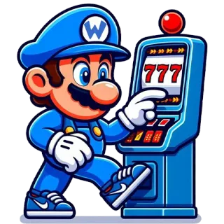 🎰 01fbb235 dessin animé, machine à sous, jeu de hasard, personnage, jeu, Wario, bleu, 777 telegram sticker