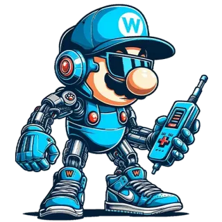 🤖 db65b902 Mario Mario, Robot, Jeu vidéo, Bleu, Dessin animé, Personnage telegram sticker