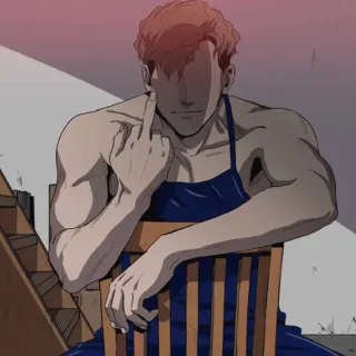 🖕 012fd314 средний палец, оскорбительный, грубый, мужчина, фартук, стул telegram sticker