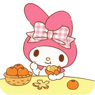 😊 f439d328 My Melody マイメロディ, サンリオ, うさぎ, 可愛い, かわいい, オレンジ, フルーツ, 食べ物 telegram sticker