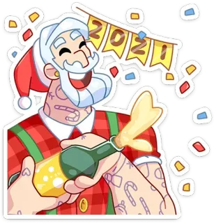 🥳 5c14e14f 2021 圣诞老人, 圣诞节, 新年, 庆祝, 彩带, 瓶子, 节日 telegram sticker