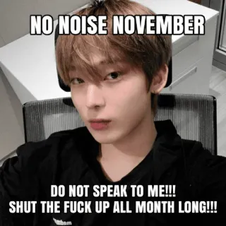 🎧 2f47801b NO NOISE NOVEMBER
DO NOT SPEAK TO ME!!!
SHUT THE FUCK UP ALL MONTH LONG!!! ミーム, 不快, 11月, ノイズ telegram sticker