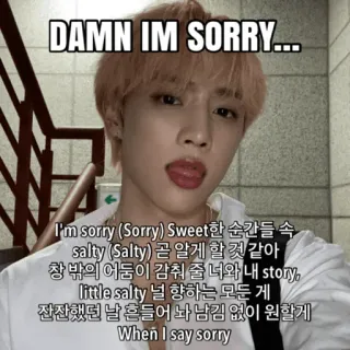 🍬 40225fe7 DAMN IM SORRY...
I'm sorry (Sorry) Sweet한 순간들 속
salty (Salty) 곧 알게 할 것 같아
창 밖의 어둠이 감춰 줄 너와 내 story,
little salty 널 향하는 모든 게
잔잔했던 날 흔들어 놔 남김 없이 원할게
When I say sorry ごめん, kpop, 可愛い, 韓国, 表情, 謝罪, 歌詞 telegram sticker