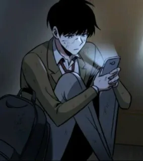 🤕 3af531ac anime, character, male, sitting, cellphone, sad whatsapp sticker