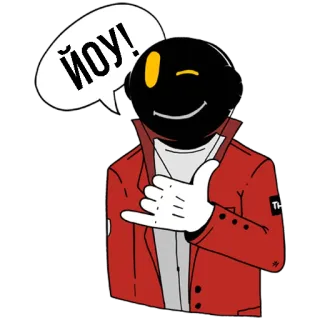 🤙 c2c47879 йоу! dibujo animado, personaje, chaqueta roja, bocadillo, gesto con la mano telegram sticker