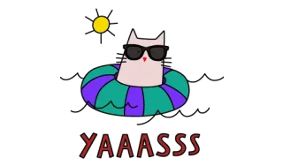 ⛱ b90a37f0 YAAASSS кот, солнцезащитные очки, лето, пляж, плавать, дааа!, мультфильм, веселье telegram sticker