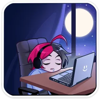 😴 0bf33ec8 schlafend, Anime, Laptop, Kopfhörer, Mond, Schreibtisch, Nacht telegram sticker