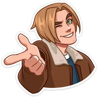 😉 915fe370 man, knipoog, bruine jas, wijzend, blond haar, cartoon telegram sticker