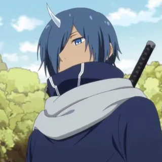 😔 8a91681e Shion That Time I Got Reincarnated as a Slime Anime, Fantasi, Pedang, Karakter, Rambut biru, Tanduk telegram sticker