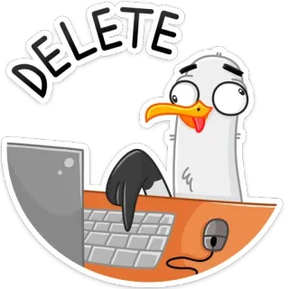🤪 5c6aea20 DELETE oiseau, ordinateur, supprimer, dactylographie, dessin animé, goéland whatsapp sticker
