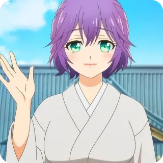 🙂 26f5eede อนิเมะ, ตัวละคร, ผมสีม่วง, ตาสีเขียว, โบกมือ, กิโมโน telegram sticker