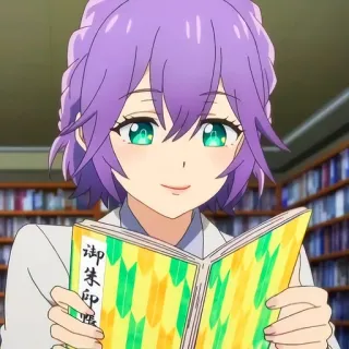 🙂 7ecc49ba 御朱印帳 สาวอนิเมะ, ผมสีม่วง, ตาสีเขียว, อ่านหนังสือ, หนังสือ telegram sticker