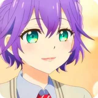 🙂 8e4a055e อนิเมะ, ยิ้ม, ผมสีม่วง, ตาสีเขียว, ชุดนักเรียน, การ์ตูน telegram sticker