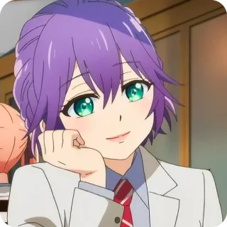 🙂 94b39bcd อนิเมะ, ผมสีม่วง, ตาสีเขียว, ผู้หญิง, ยิ้ม, ภาพเหมือน telegram sticker