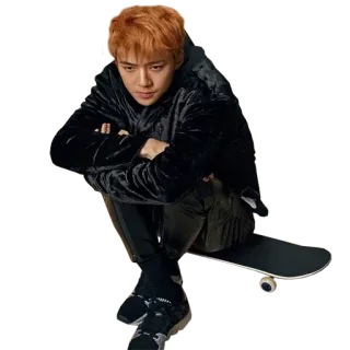 😠 4ea1b292 pria, skateboard, rambut oranye, jongkok, potret, mode, gaya whatsapp sticker