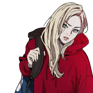 ❤️ 5cbfc97b 动漫, 女孩, 金发, 红色卫衣, 背包, 艺术 whatsapp sticker