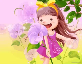 🌟 9aed0629 Cartoon, Mädchen, Blume, Lila, Fröhlich, Kleid telegram sticker