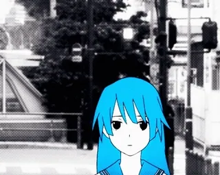 💜 212f299c chica anime, pelo azul, calle, ilustración, dibujo animado whatsapp sticker