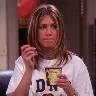 😐 1002cb34 Rachel Green Friends Friends, Rachel Green, ijs, Jennifer Aniston, 90s sitcom, tv serie, emotioneel, verdrietig telegram sticker