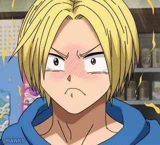 🥹 4e1aa597 @HAWKS anime, geschrokken, boos, personage, blond, rood gezicht telegram sticker