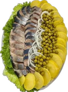 🤩 271fa1ad hareng, poisson, nourriture, oignon, petits pois, pommes de terre, salade telegram sticker