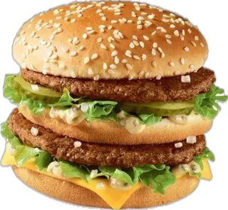 🤩 ce3d44e1 nourriture, burger, fast food, sandwich, big mac, graines de sésame, laitue, fromage, cornichons, boeuf telegram sticker