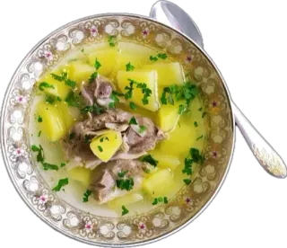 🤩 d269dfa7 soupe, nourriture, repas, dîner, déjeuner, bol, pommes de terre, viande, persil telegram sticker