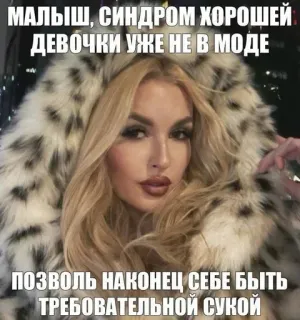 🌟 835f7f2c МАЛЫШ, СИНДРОМ ХОРОШЕЙ
ДЕВОЧКИ УЖЕ НЕ В МОДЕ
ПОЗВОЛЬ НАКОНЕЦ СЕБЕ БЫТЬ
ТРЕБОВАТЕЛЬНОЙ СУКОЙ 女人, 皮草大衣, 金发, 俄文文本, 冒犯性语言 whatsapp sticker