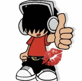 🌟 e33e26b9 Cartoon, Daumen hoch, Kuss, Kopfhörer, Figur, Rotes Hemd, Schwarze Haare telegram sticker