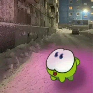 🧐 36c98e54 Om Nom Cut the Rope slimeus Dessin animé, Personnage, Mignon, Jeu, Neige, Hiver, Drôle, Ville telegram sticker