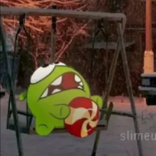 😶 85ef5094 Om Nom, bonbon, balançoire, dessin animé, mignon, vert, animation telegram sticker
