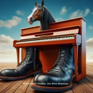 🤩 4a5f366f Ecco Cavallo Virtuoso, Uno Show Strepitoso caballo, piano, botas, animal, instrumento musical, comedia, surrealista, arte telegram sticker