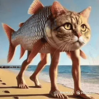 🤩 56d10198 gato, pez, piernas humanas, híbrido, playa, animal, fantasía, criatura telegram sticker