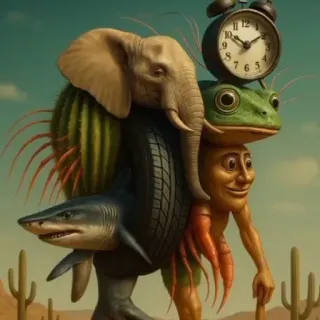 🤩 98a2ae49 elefante, tiburón, rana, reloj, cactus, neumático, surrealista, animales telegram sticker