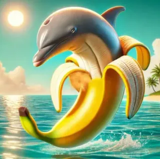 🤩 abafa7f4 delfín, plátano, fruta, mar, playa, tropical, caprichoso, híbrido telegram sticker