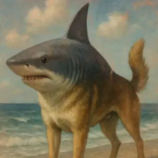 🤩 25cf5843 perro, tiburón, animal, híbrido, playa, océano, gracioso, arte telegram sticker