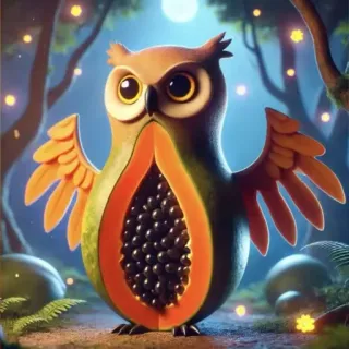 🤩 6027ddf2 búho, papaya, fruta, pájaro, lindo, kawaii, bosque, animal telegram sticker