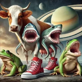 🤩 89ffc452 vaca, tiburón, rana, zapatos, surrealista, fantasía, animales telegram sticker