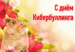 🌟 3bdecbb7 С днем Кибербуллинга kitten, flowers, cyberbullying, greeting, russian, animal, cat whatsapp sticker