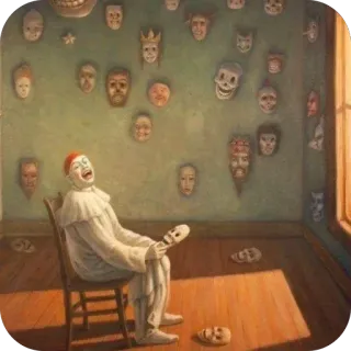 😂 825ca821 маска, стена, сидящий, стул, комната, театр, клоун telegram sticker