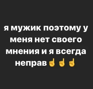 ☺️ 503cd08d Я мужик поэтому у меня нет своего мнения и я всегда неправ sarcasme, stéréotype de genre, humour, autodérision whatsapp sticker