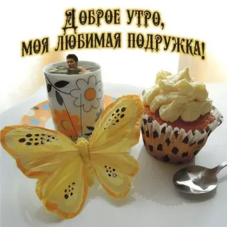 🐥 cd76021c ДОБРОЕ УТРО, МОЯ ЛЮБИМАЯ ПОДРУЖКА! おはよう, カップケーキ, 蝶, コーヒー, 友達, 朝 whatsapp sticker