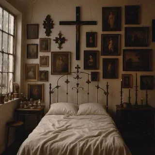 🪽 9d26f1cf bedroom, vintage, paintings, cross, furniture, decor, interior design, bed telegram sticker