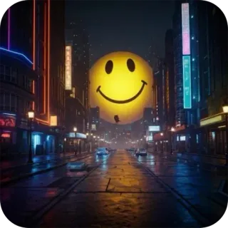 ☠️ 7aca6ca5 smiley face, city, night, urban, street, building, neon telegram sticker